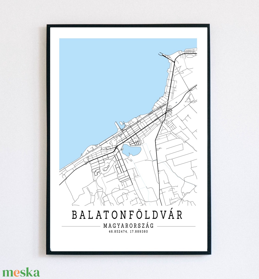 Balatonföldvár fekete-fehér-kék minimalista dekorációs térkép - otthon & életmód - dekoráció - kép & falikép - poszter - Meska.hu