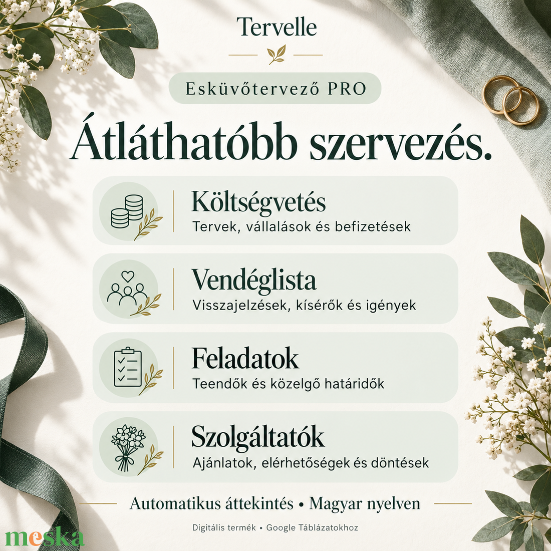 Tervelle Esküvőtervező PRO � automatizált Google Sheets esküvőtervező, költségvetés, vendéglista és feladatkezelő - esküvő - esküvői szett - Meska.hu