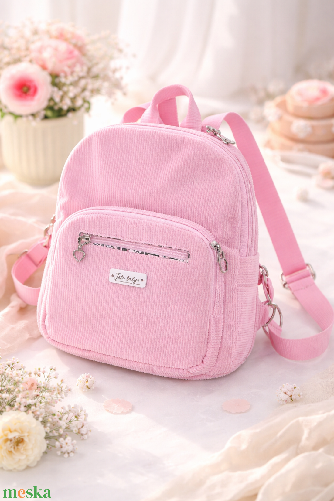Rózsaszín kordbársony hátizsák - táska & tok - kézitáska & válltáska - belső rendező - Meska.hu