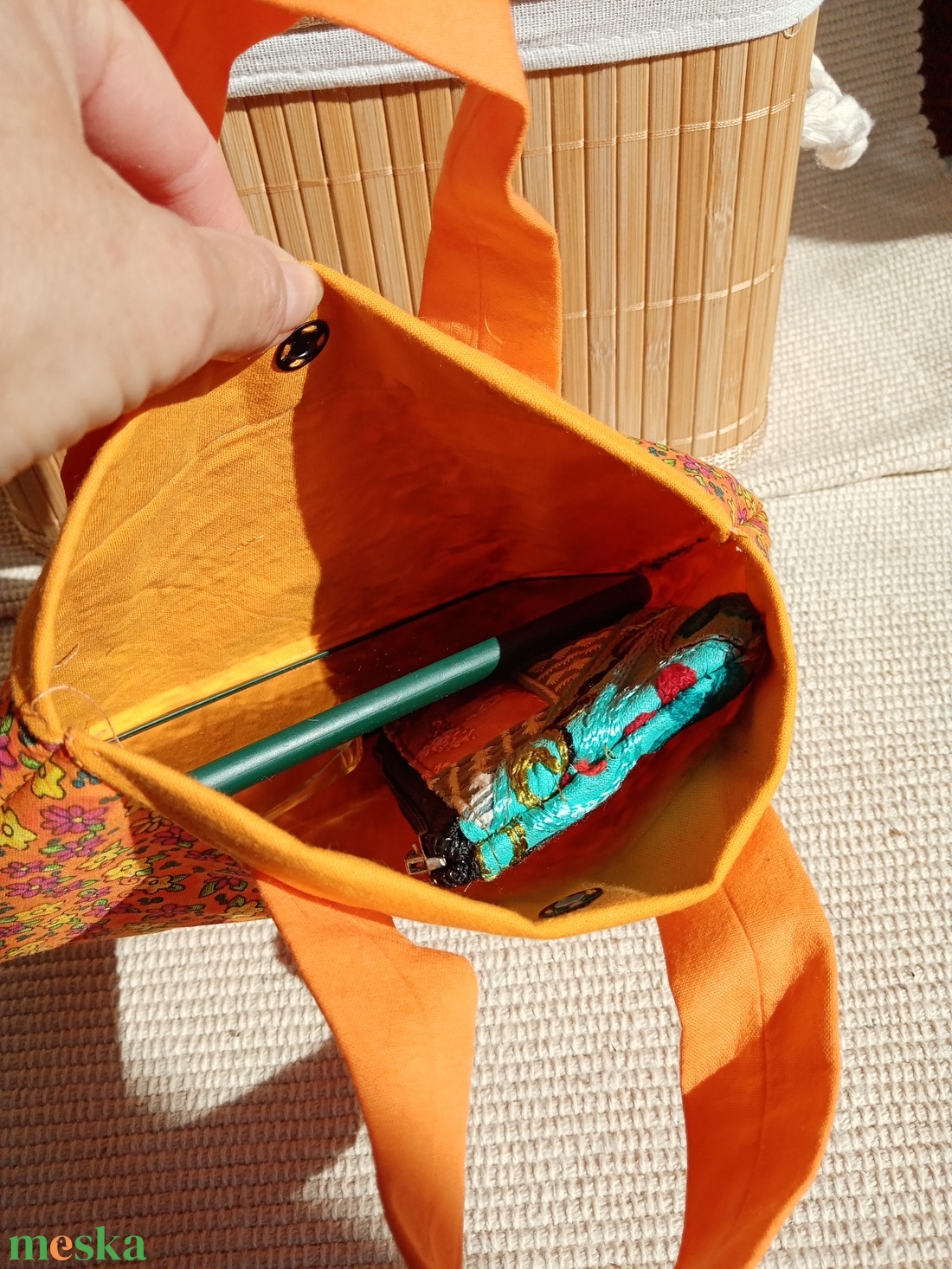 Narancssárga virágos randitáska, alkalmi kistáska, textil vidám táska - táska & tok - kézitáska & válltáska - kézitáska - Meska.hu