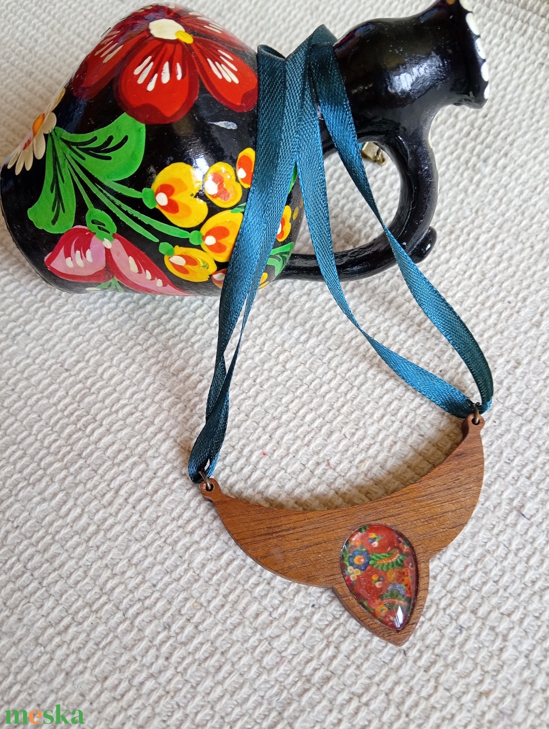 Matyó mintás faalapra készült  nyaklánc, folk nyaklánc, magyaros ékszer, folklór nyaklánc - ékszer - nyaklánc - medálos nyaklánc - Meska.hu