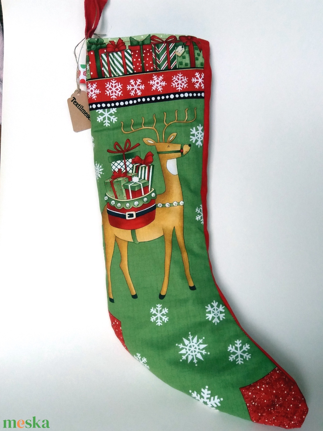 Mikulás váró textilcsizma - szarvas mintával - karácsony - mikulás - mikulás ajándékok - Meska.hu