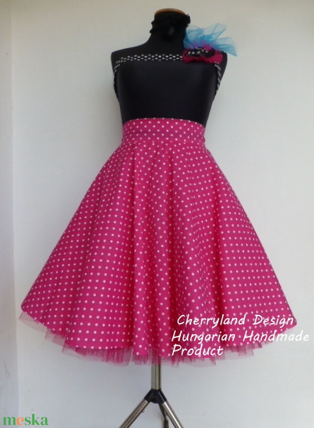 Cherryland Design Pink-Fehér   pöttyös rockabilly szoknya./Alsószoknyával - ruha & divat - női ruha - szoknya - Meska.hu