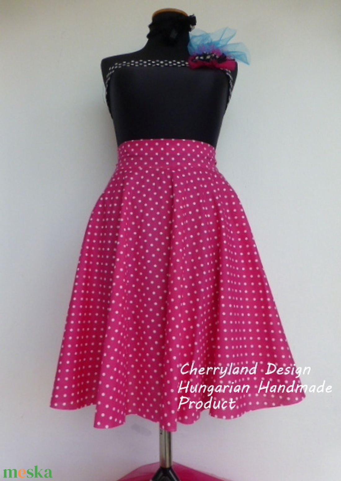 Cherryland Design Pink-Fehér pöttyös rockabilly stílusú szoknya  - ruha & divat - női ruha - szoknya - Meska.hu