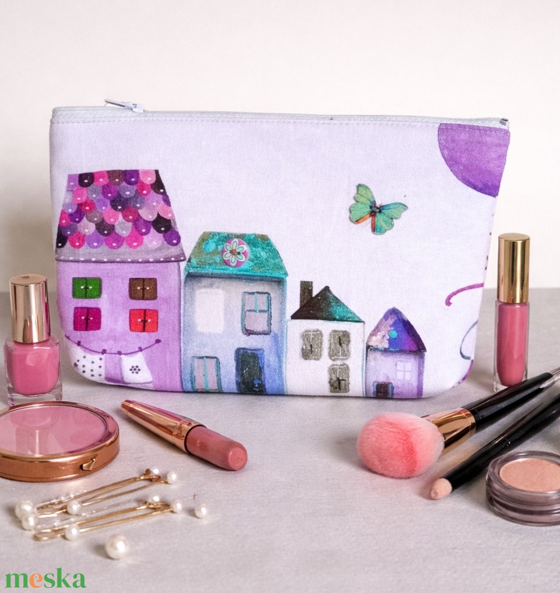 Kis méretű neszeszer házikó mintás textilből, Textura - táska & tok - neszesszer - Meska.hu