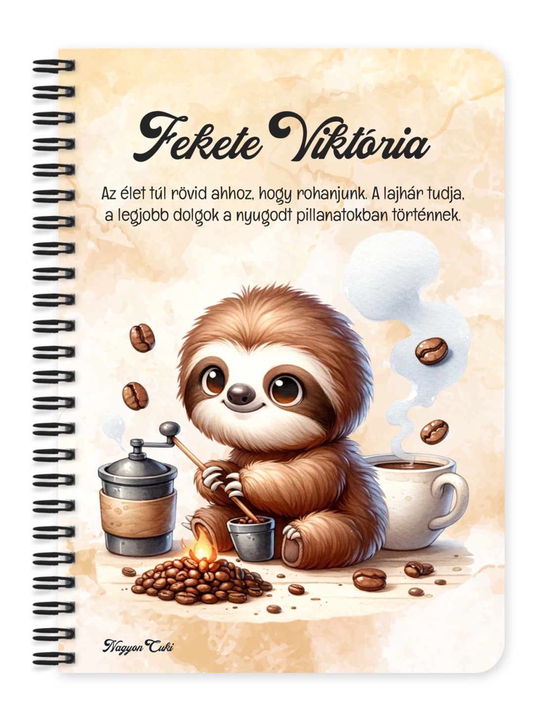 Személyre szabható - Kávés lajhár és frissen pörkölt kávé mintás A6-os füzet - otthon & életmód - papír, írószer - jegyzetfüzet & napló - Meska.hu