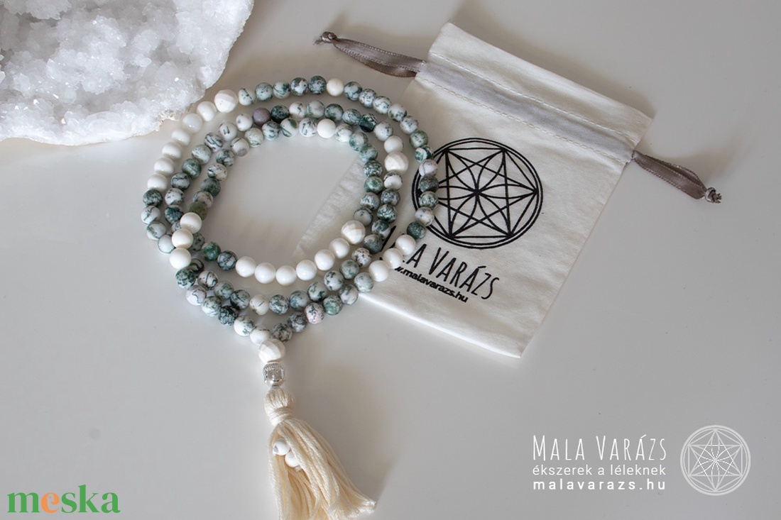 Fa Achát, Magnezit Mala, Imafüzér, Imagyöngy - Mala Varázs -Mala készítés, egyedi Mala tervezés - Kézműves Mala termékek - otthon & életmód - dekoráció - spiritualitás - mala - Meska.hu