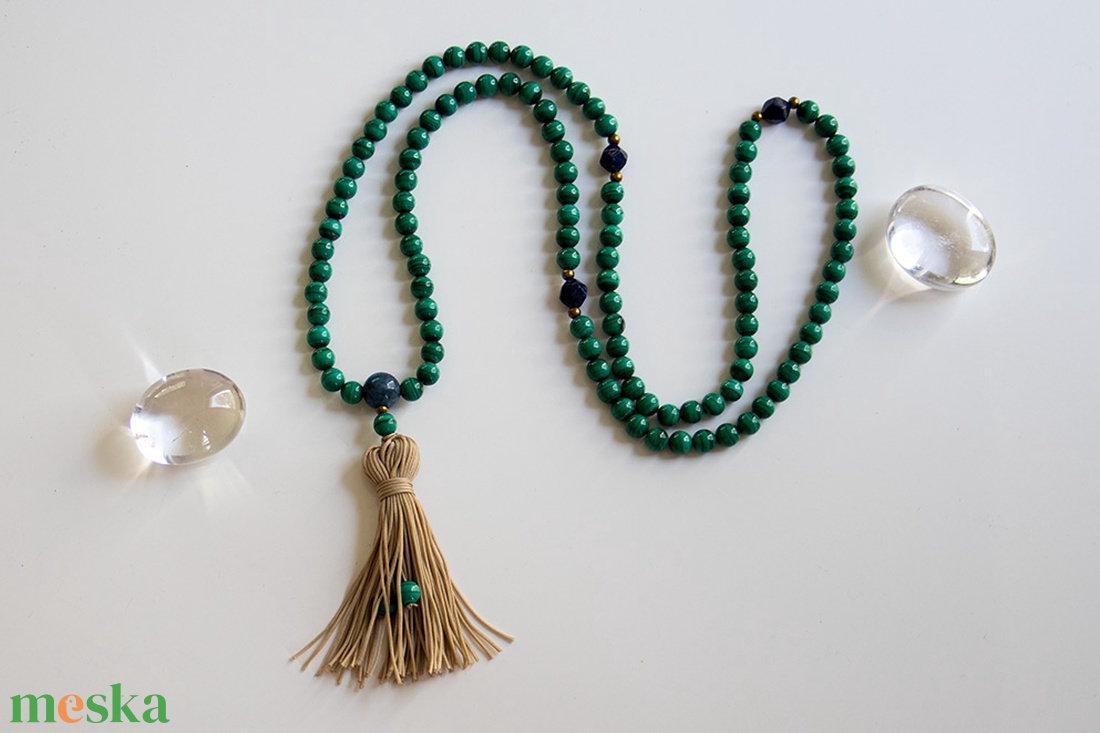 Malachit Mala, Imafüzér, Malachit nyaklánc, Malachit Imagyöngy, Malachit ékszer, Mala és Imafüzér készítés, Mala fűzés - ékszer - nyaklánc - hosszú nyaklánc - Meska.hu