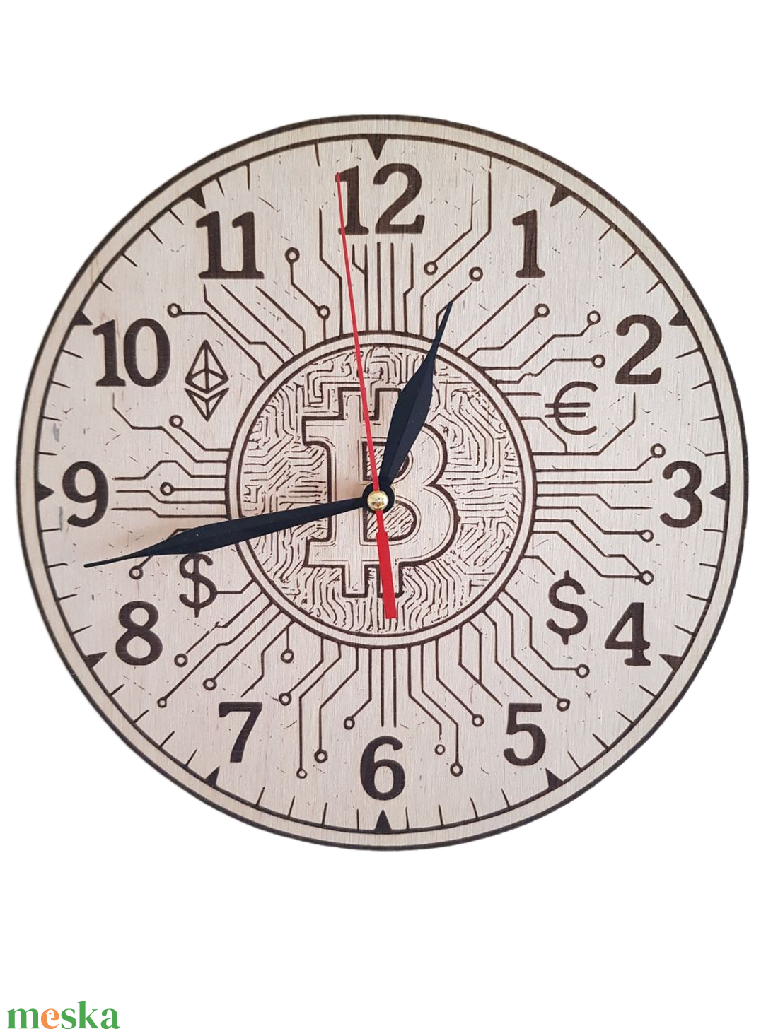 Kripto fali óra  Bitcoin  Ethereum dizájn, lézergravírozott fa (23 cm) - otthon & életmód - dekoráció - fali és függő dekoráció - falióra & óra - Meska.hu