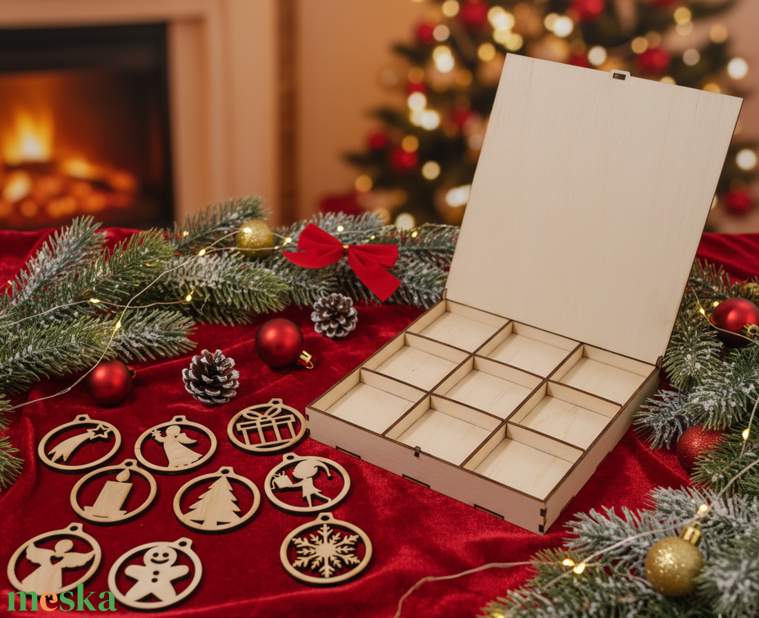 Fa Karácsonyfadísz Szett Díszdobozban (9 db)  Opcionális Gravírozással - karácsony - karácsonyi lakásdekoráció - karácsonyfadíszek - Meska.hu