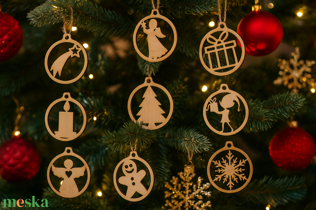 Fa Karácsonyfadísz Szett Díszdobozban (9 db)  Opcionális Gravírozással - karácsony - karácsonyi lakásdekoráció - karácsonyfadíszek - Meska.hu
