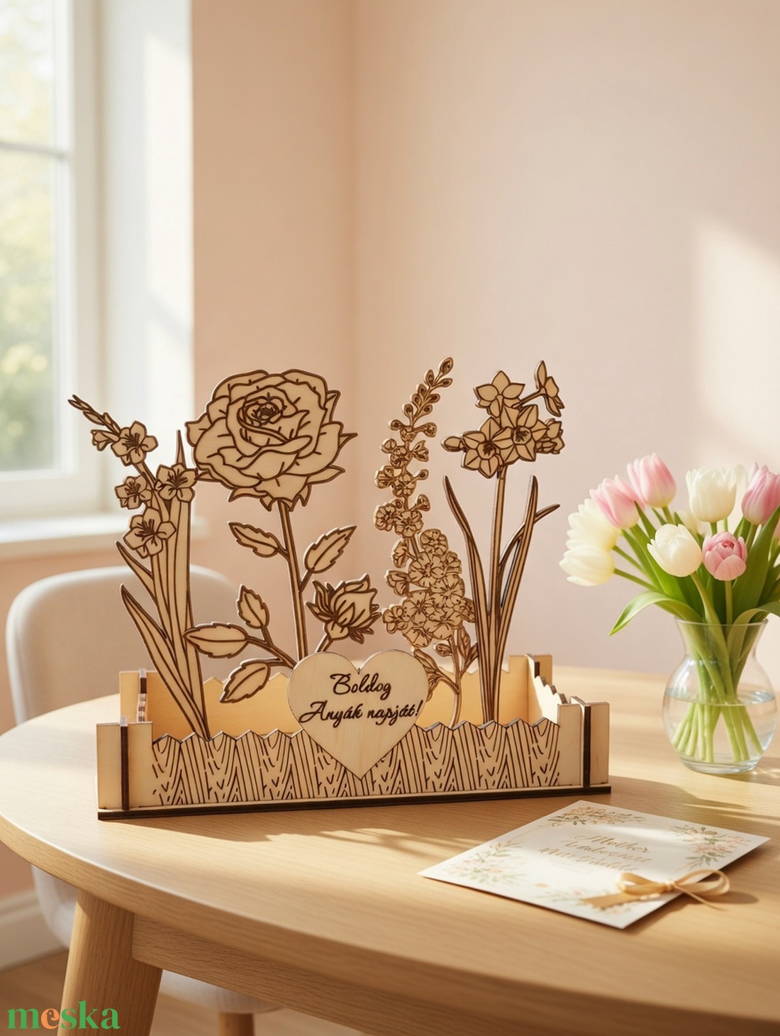 KÉZMŰVES VIRÁGOSKERT FÁBÓL - Örök anyák napi asztaldísz  egyedi felirattal is. - otthon & életmód - virágdekoráció - virágdíszek - lézervágott virágdíszek - Meska.hu