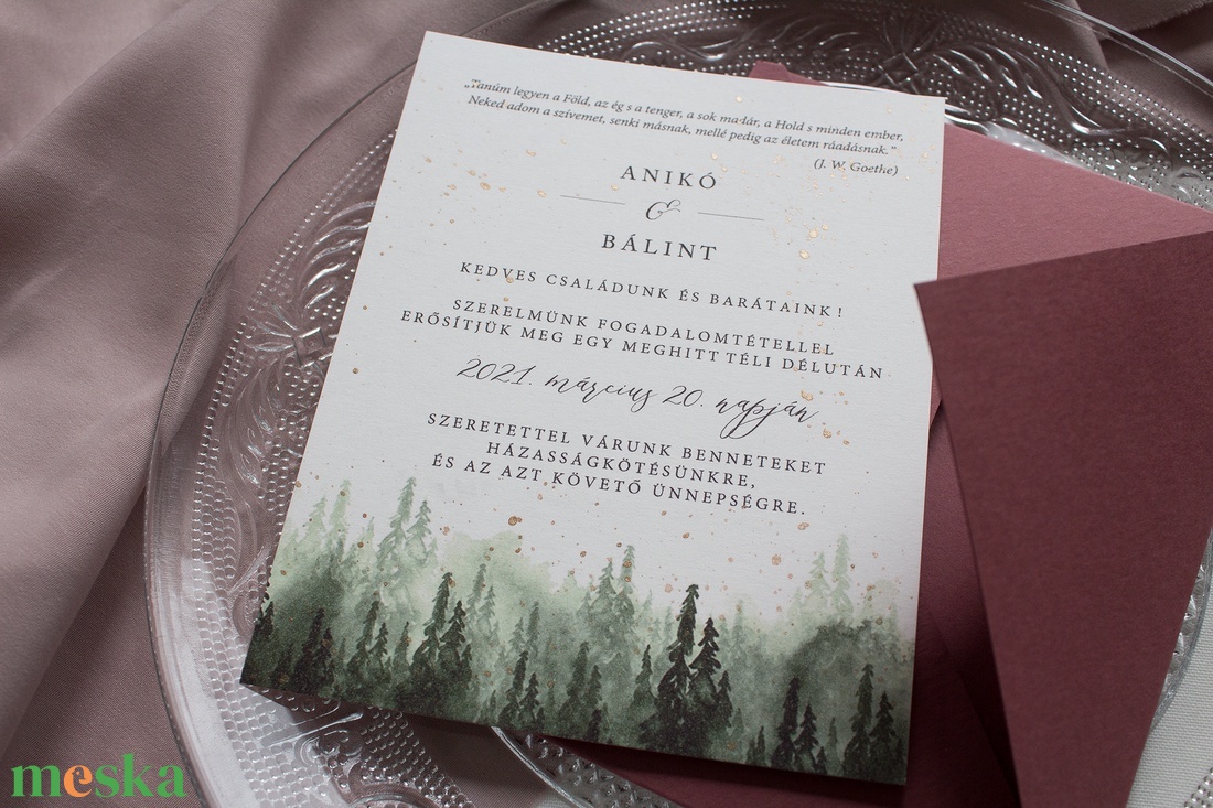 Erdei esküvői meghívó kézzel készült borítékkal, Fenyőerdős esküvői meghívó - esküvő - meghívó & kártya - meghívó - Meska.hu