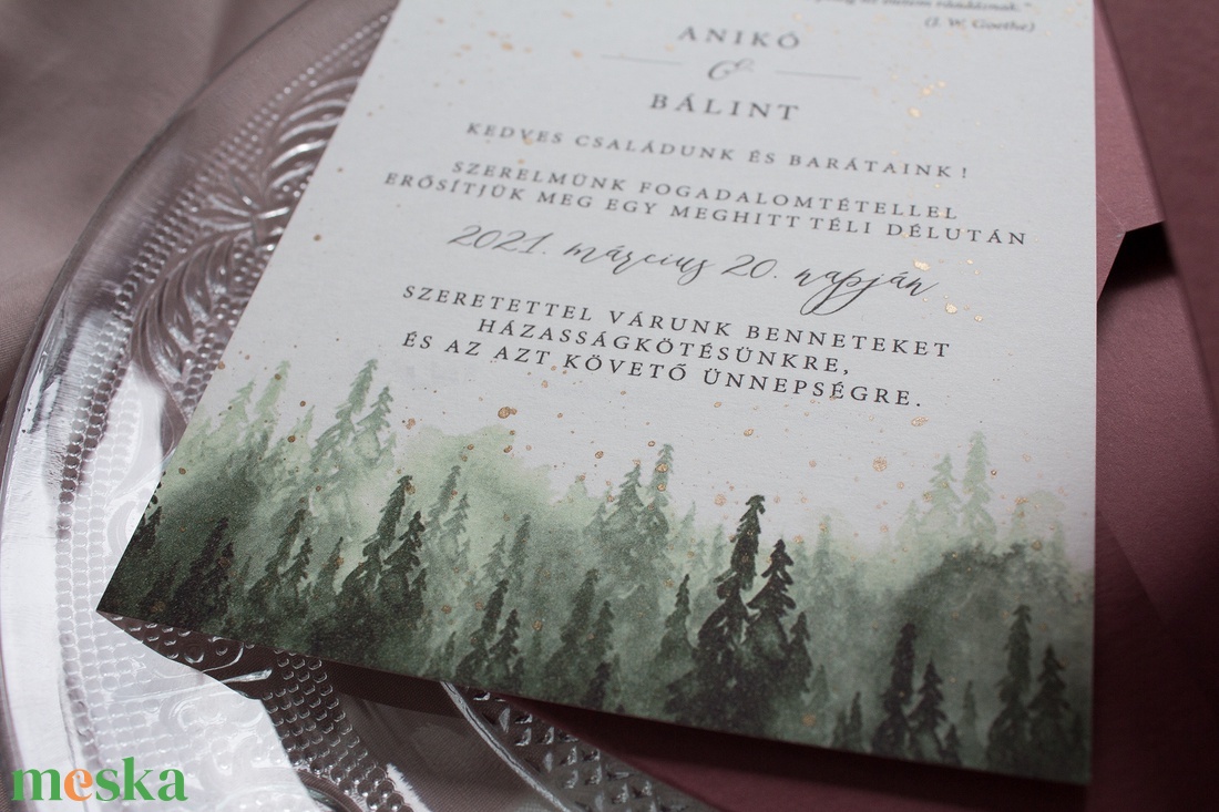 Erdei esküvői meghívó kézzel készült borítékkal, Fenyőerdős esküvői meghívó - esküvő - meghívó & kártya - meghívó - Meska.hu