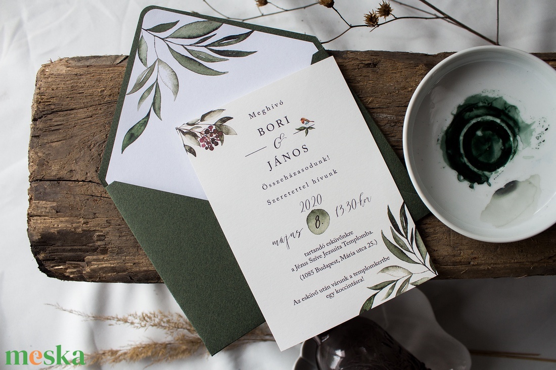 Greenery stílusú esküvői meghívó borítékkal - esküvő - meghívó & kártya - meghívó - Meska.hu