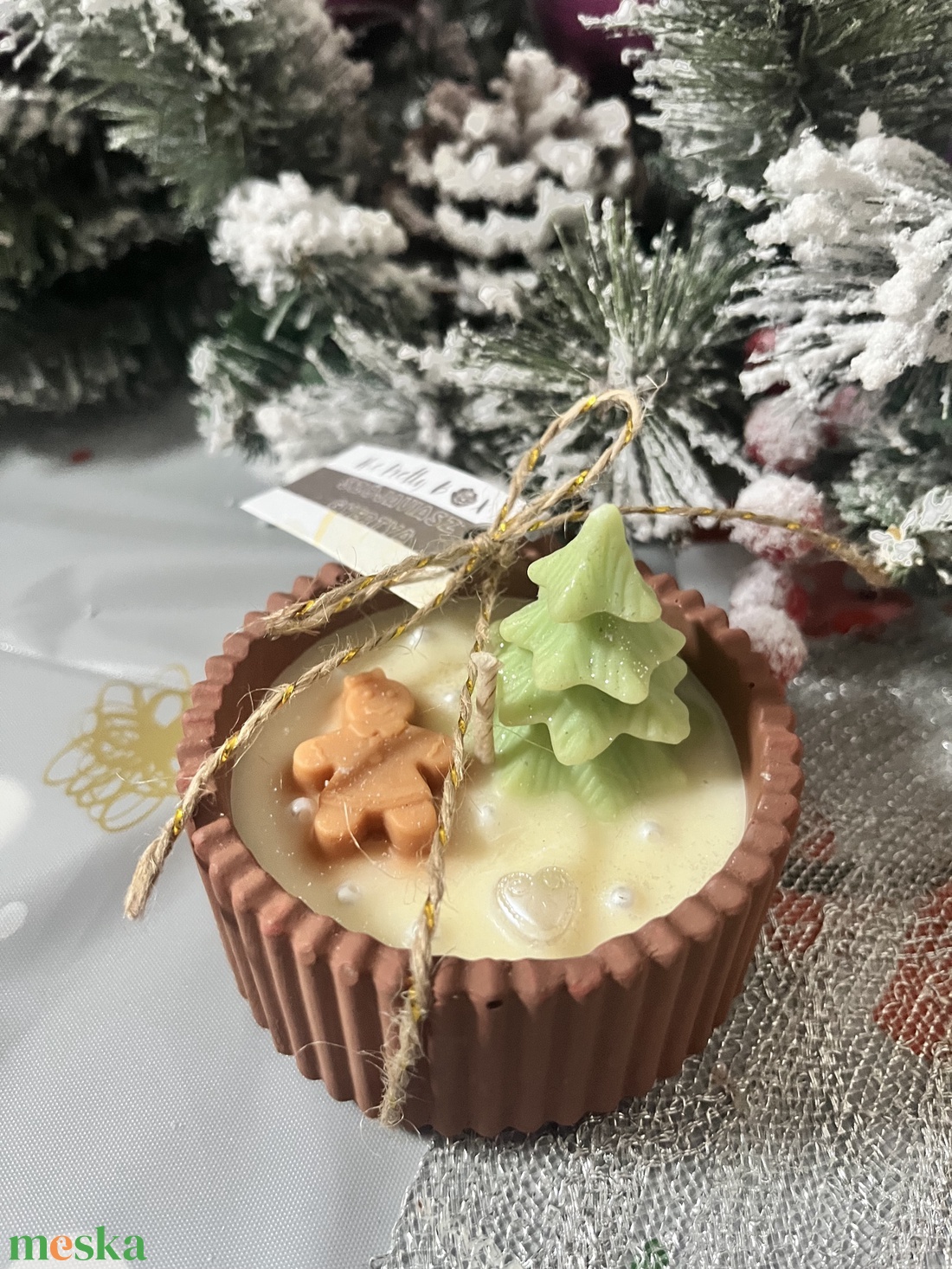 Szójaviasz gyertya karácsonyi díszítéssel kerámia kaspóban - otthon & életmód - gyertya, illat, aroma - gyertya - Meska.hu