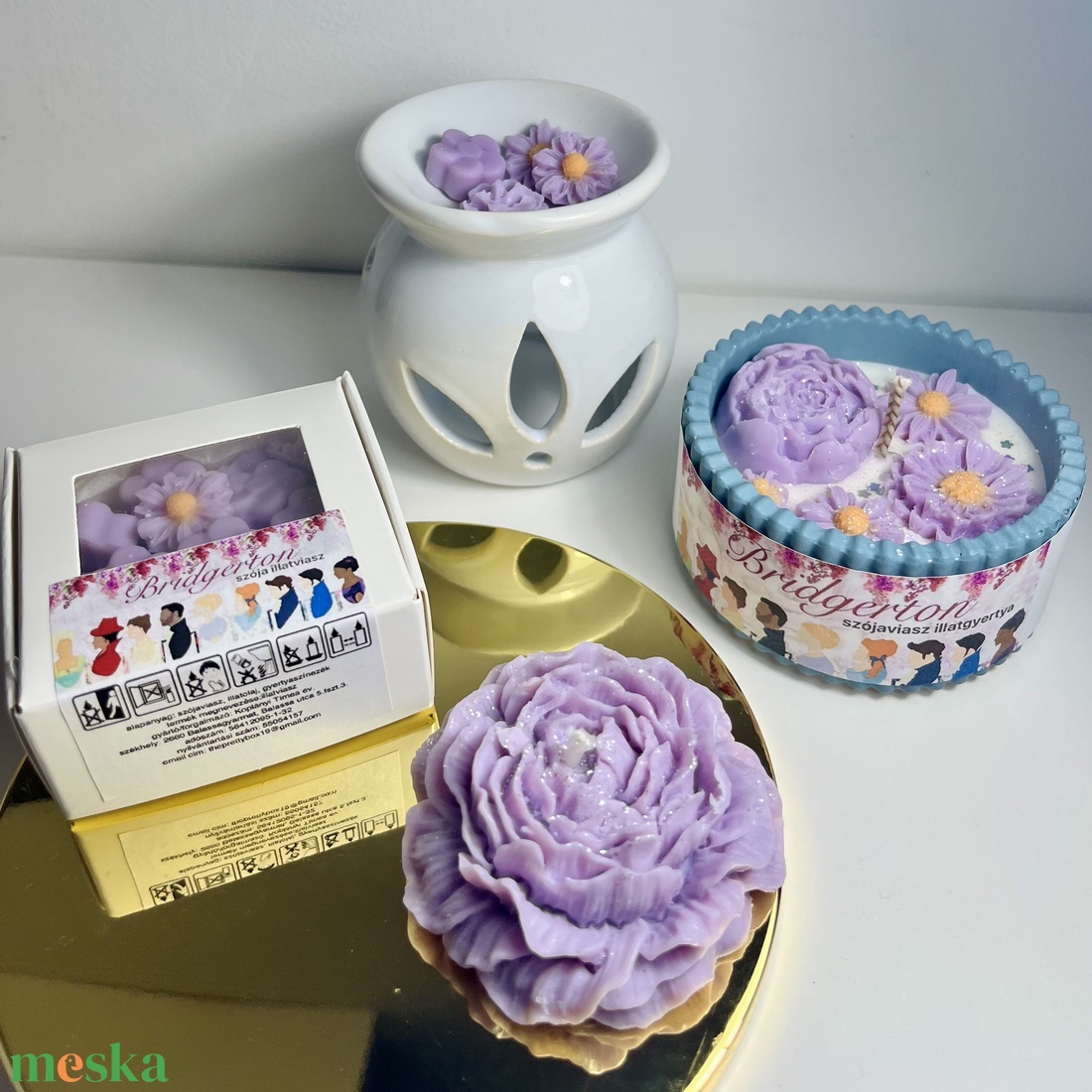 Bridgerton szójaviasz gyertya és illatviasz szettben, ajándék bazsarózsa gyertyával - otthon & életmód - gyertya, illat, aroma - gyertya - Meska.hu