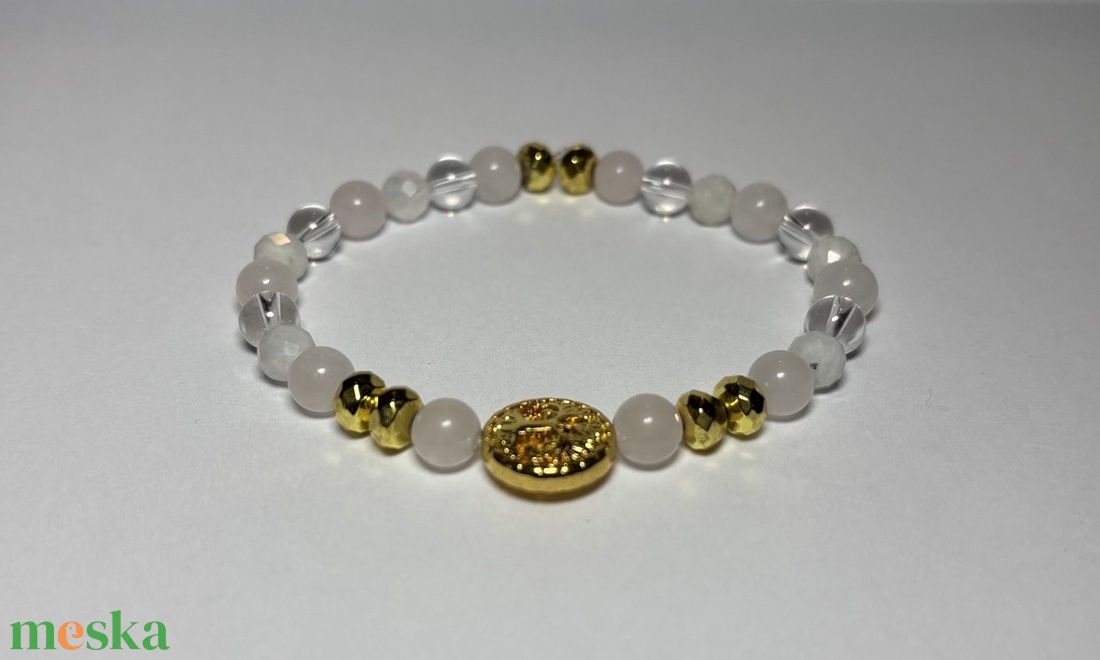 Theta Ásványkarkötő - szeretet - rózsakvarc, holdkő, hegyikristály, hematit - ékszer - karkötő - ásványkarkötő - Meska.hu