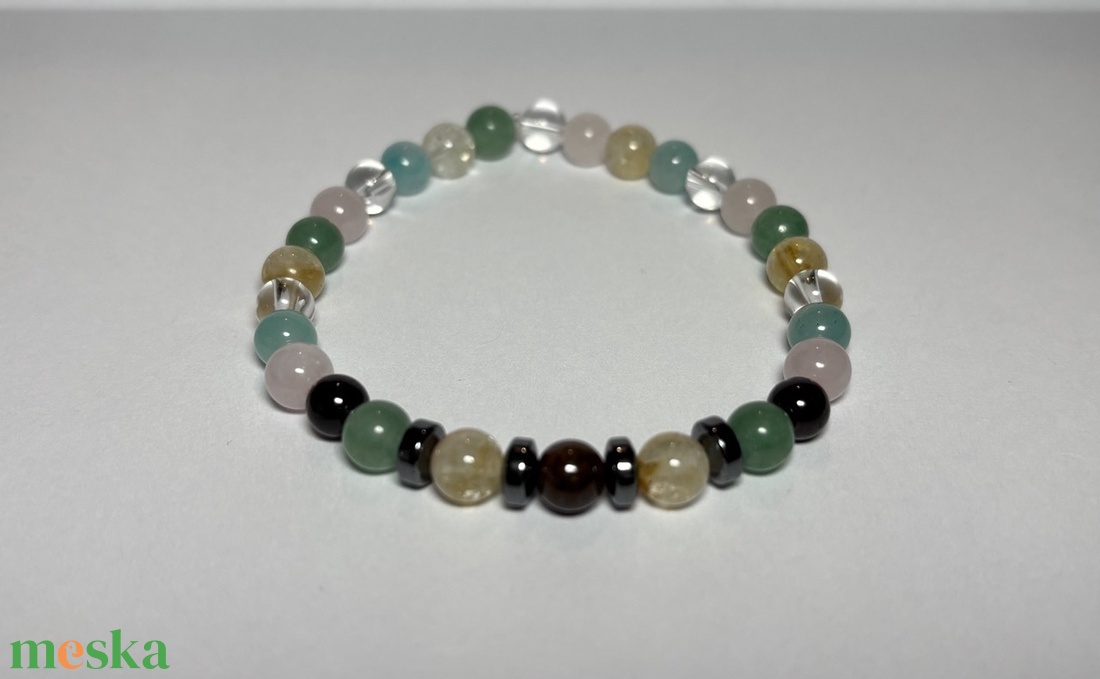 Theta ásványkarkötő - önbizalom -  Citrin, aventurin, amazonit, rózsakvarc, hegyikristály, gránát, tigrisszem, hematit - ékszer - karkötő - ásványkarkötő - Meska.hu