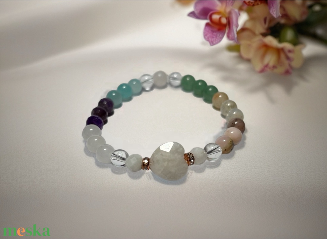 Theta ásványkarkötő - szívcsakra - pink opál, citrin, aventurin, rózsakvarc, amazonit, ametiszt, fehérjáde, holdkő - ékszer - karkötő - ásványkarkötő - Meska.hu