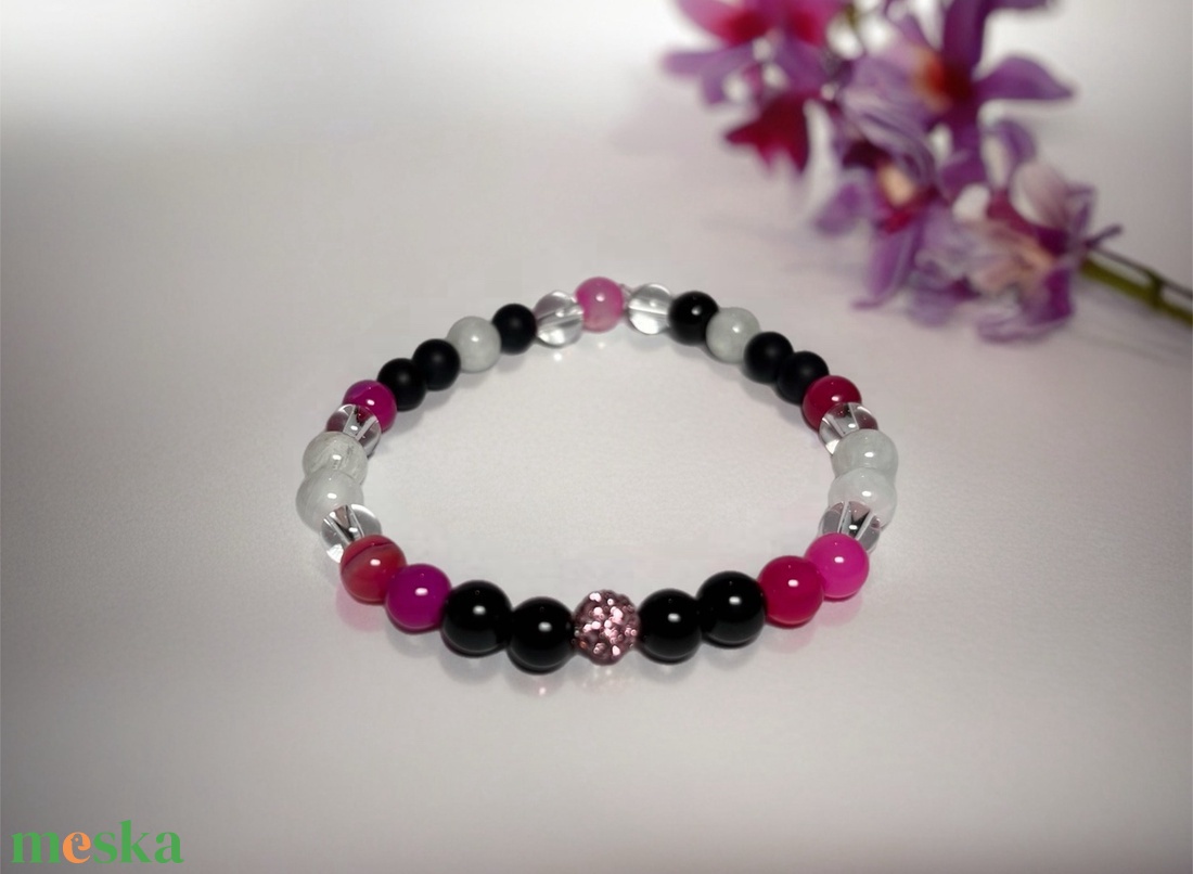 Theta ásványkarkötő - biztonság - hegyikristály, apacsszem obszidián, ónix, pink achát, holdkő - ékszer - karkötő - ásványkarkötő - Meska.hu
