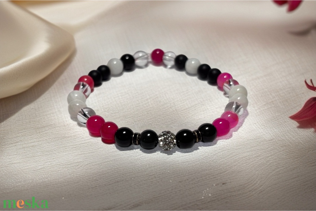 Theta ásványkarkötő - biztonság - hegyikristály, apacsszem obszidián, ónix, pink achát, holdkő - ékszer - karkötő - ásványkarkötő - Meska.hu