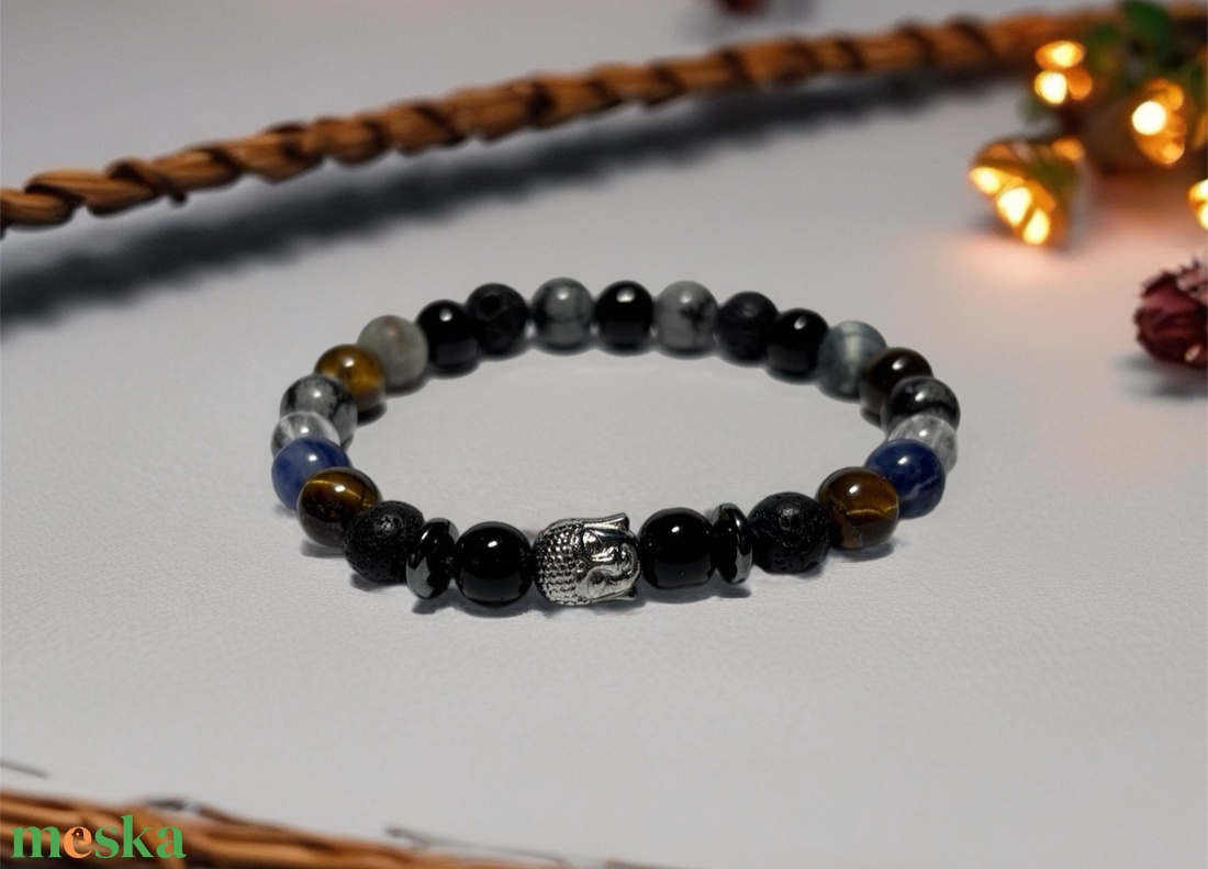 Theta ásványkarkötő - önbizalom - tigrisszem, ónix, hópehely obszidián, szodalit, hegyikristály, hematit - ékszer - karkötő - ásványkarkötő - Meska.hu