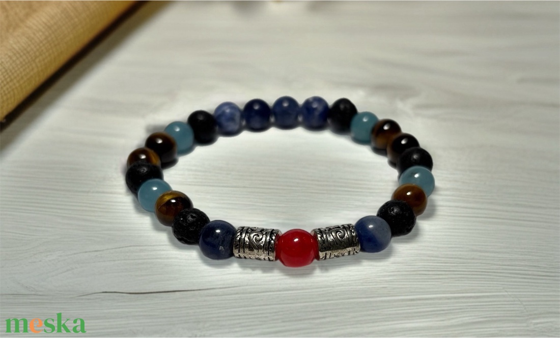 Theta ásványkarkötő - föld és ég - Szodalit, lávakő, tigrisszem, jáde akvamarin és sárkány achát - ékszer - karkötő - ásványkarkötő - Meska.hu