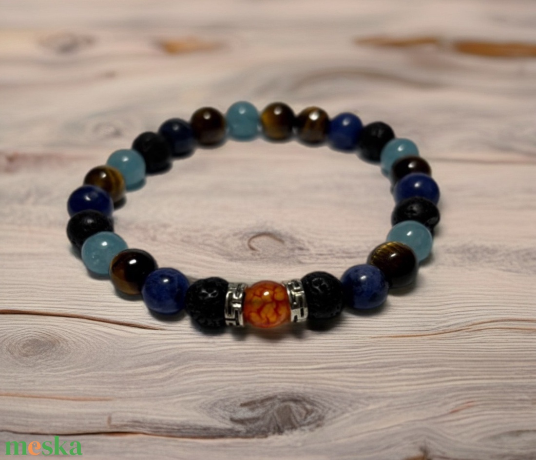 Theta ásványkarkötő - föld és ég - Szodalit, lávakő, tigrisszem, jáde akvamarin és sárkány achát - ékszer - karkötő - ásványkarkötő - Meska.hu