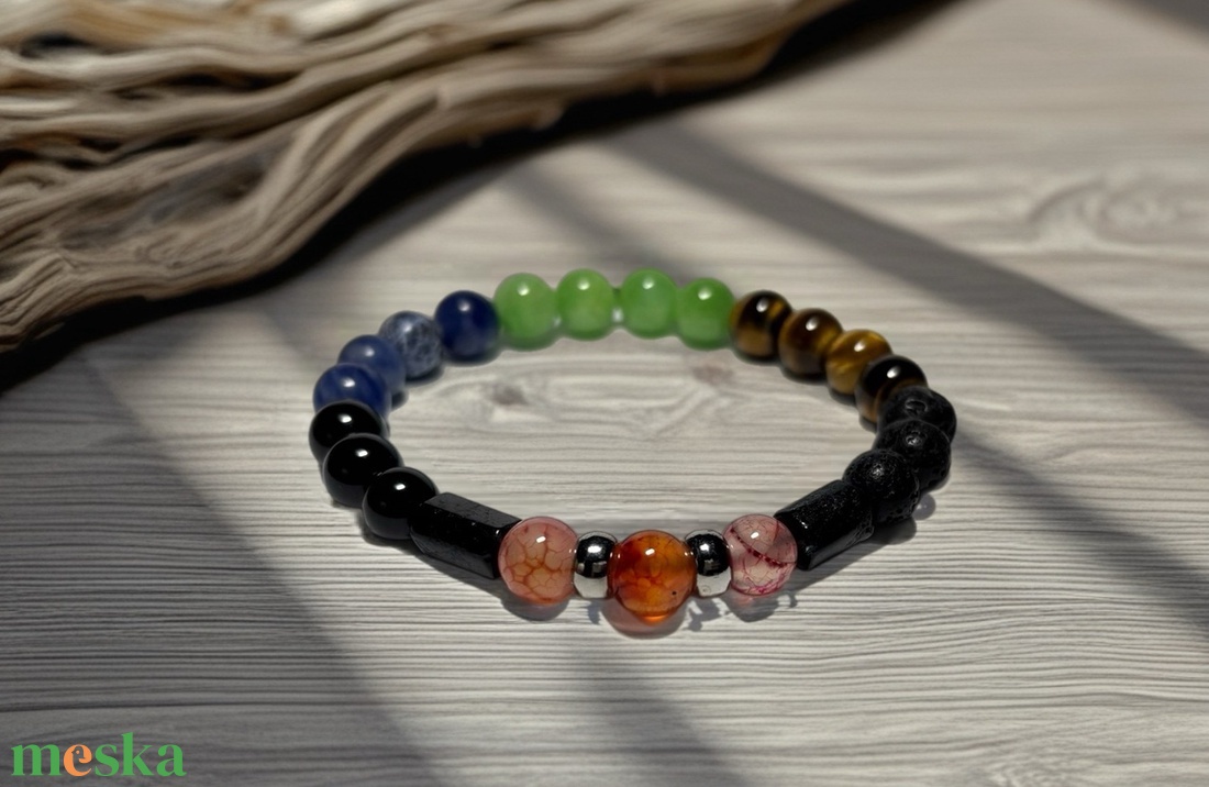 Theta ásványkarkötő - harcos - sárkány achát, lávakő, tigrisszem, jáde, szodalit, turmalin és rutilkvarc - ékszer - karkötő - ásványkarkötő - Meska.hu