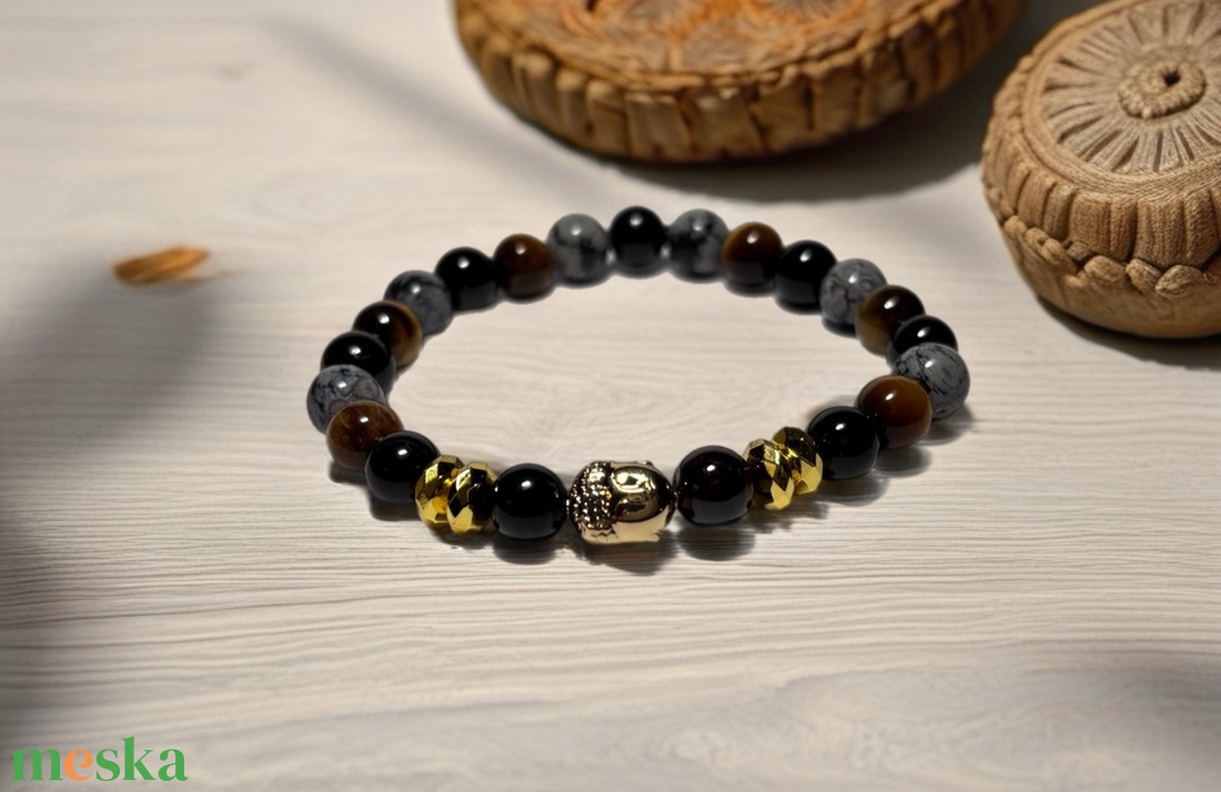 Theta ásványkarkötő - erő - Ónix, hópehely obszidián, tigrisszem, hematit és gránát - ékszer - karkötő - ásványkarkötő - Meska.hu