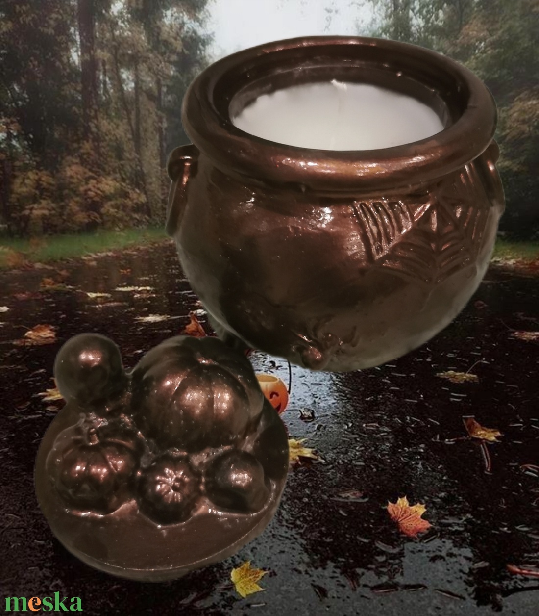 Boszorkány üst fedővel- pumpkin spice illatú szójagyertyával  - otthon & életmód - gyertya, illat, aroma - gyertyatartó - Meska.hu