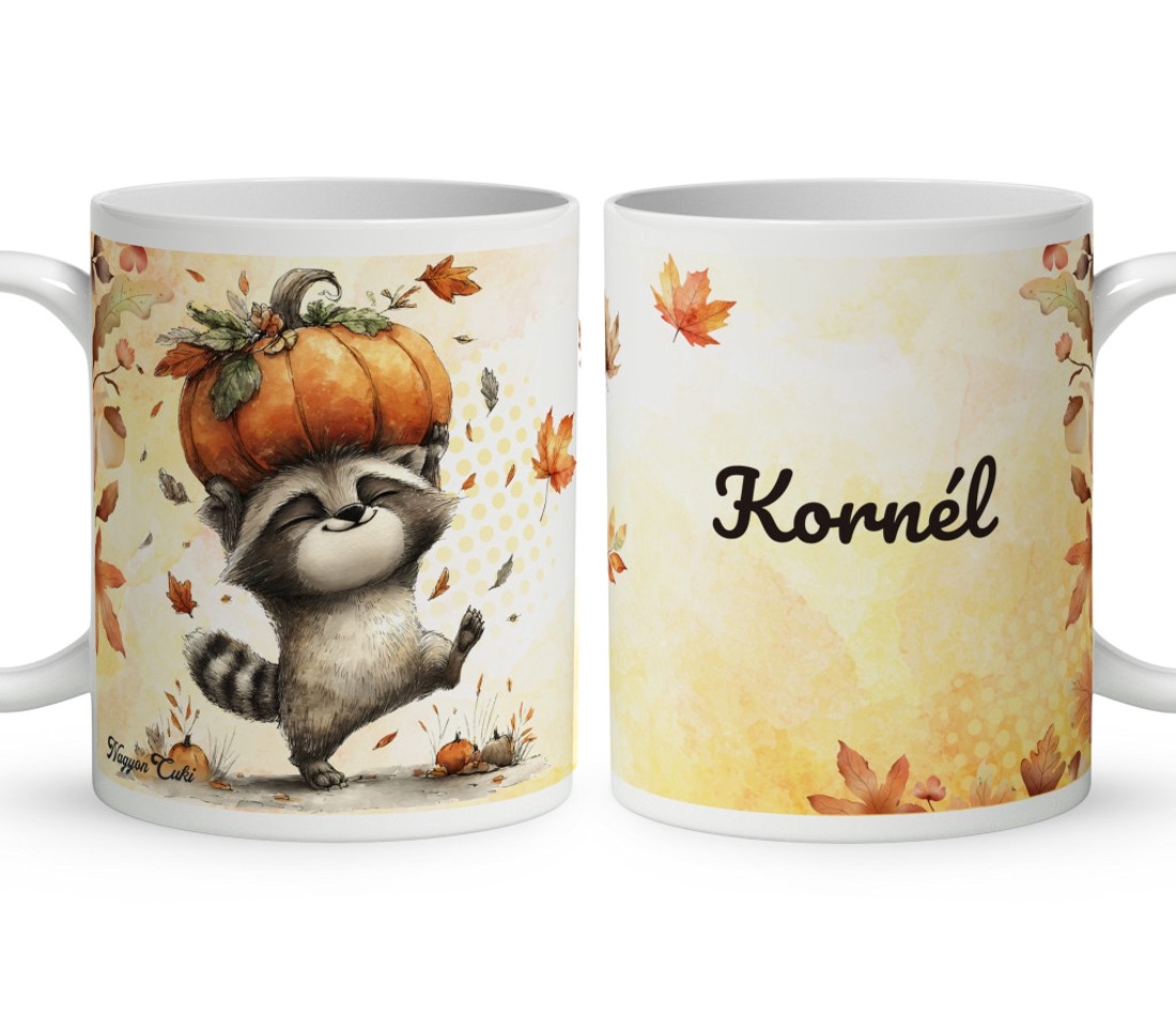 Névvel kérhető - Cuki őszi mosómedve és a tök mintás bögre - otthon & életmód - konyhafelszerelés, tálalás - tálalás - bögre & csésze - Meska.hu