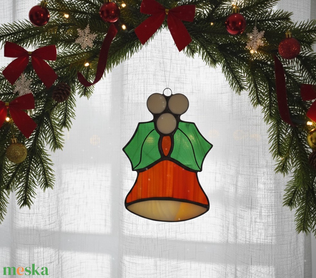 KARÁCSONYI CSENGETTYŰ tiffany ablakdísz  - karácsony - karácsonyi lakásdekoráció - karácsonyi ablakdíszek, ablakmatricák - Meska.hu