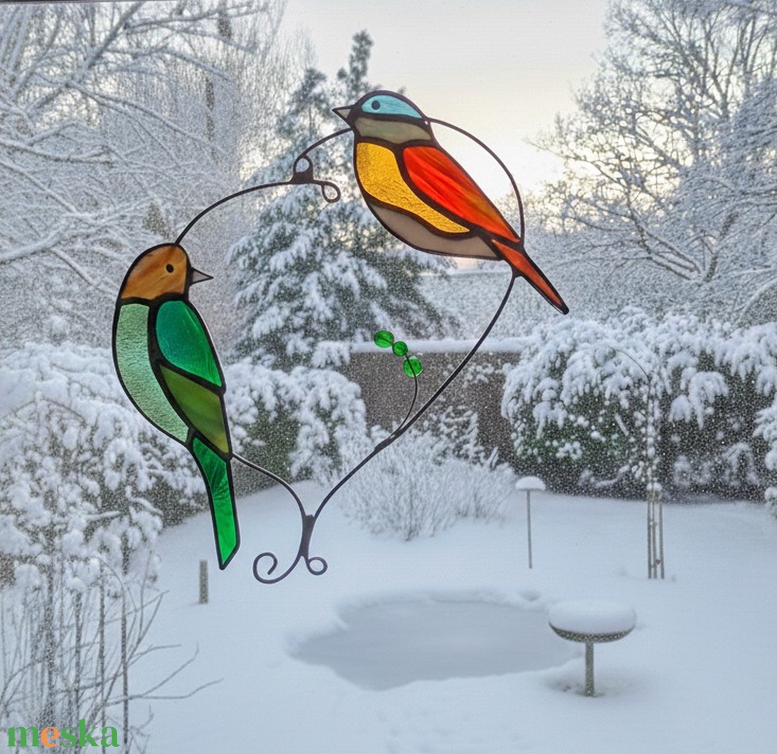 Az összetartozás csendes szépsége - madárka pár tiffany ablakdísz Valentin napra  - otthon & életmód - dekoráció - ajtó- és ablak dekoráció - ablakdísz - Meska.hu