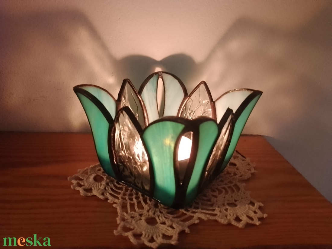 Türkiz Tulipán Tiffany Mécsestartó  - otthon & életmód - gyertya, illat, aroma - mécses és mécsestartó - Meska.hu