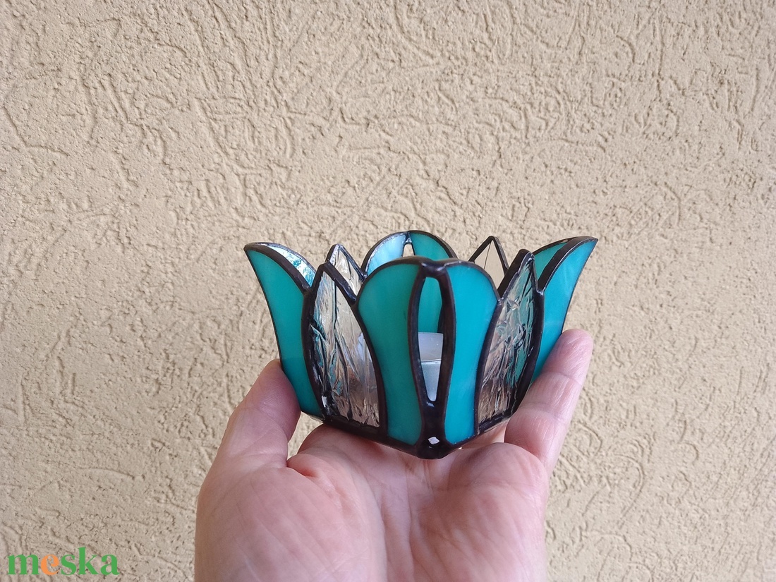 Türkiz Tulipán Tiffany Mécsestartó  - otthon & életmód - gyertya, illat, aroma - mécses és mécsestartó - Meska.hu