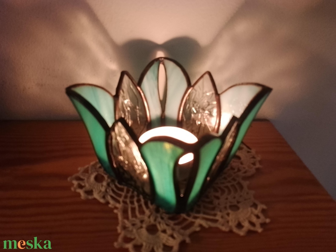 Türkiz Tulipán Tiffany Mécsestartó  - otthon & életmód - gyertya, illat, aroma - mécses és mécsestartó - Meska.hu