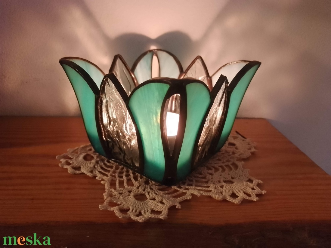 Türkiz Tulipán Tiffany Mécsestartó  - otthon & életmód - gyertya, illat, aroma - mécses és mécsestartó - Meska.hu