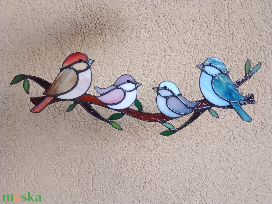 Családi idill-  madárkákkal, tiffany ablakdísz - otthon & életmód - dekoráció - ajtó- és ablak dekoráció - ablakdísz - Meska.hu