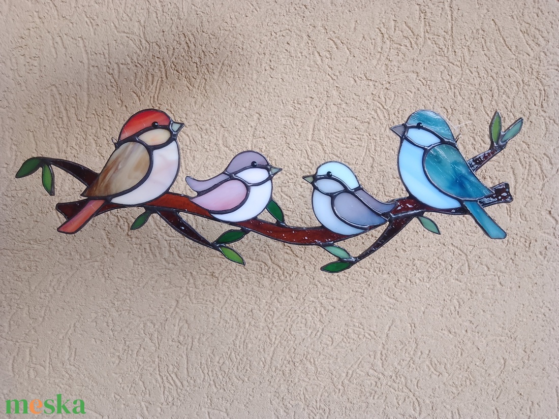 Családi idill-  madárkákkal, tiffany ablakdísz - otthon & életmód - dekoráció - ajtó- és ablak dekoráció - ablakdísz - Meska.hu