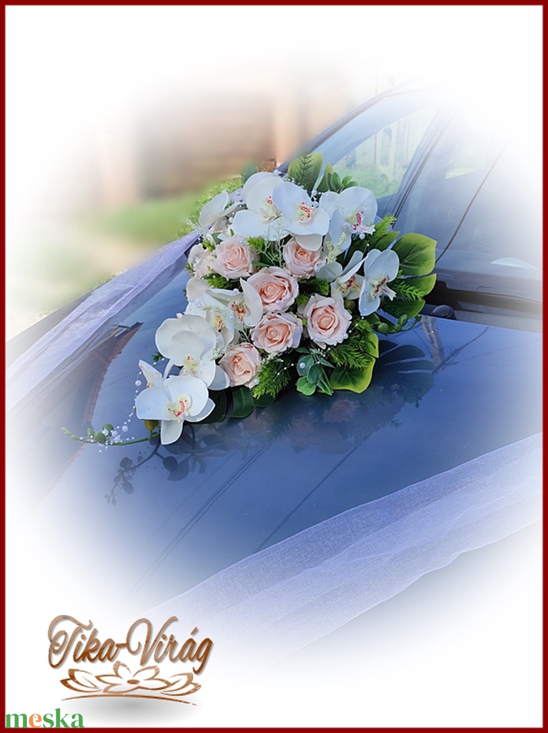 Puder rózsás-fehér orchideás örök autódísz - esküvő - dekoráció - helyszíni dekor - Meska.hu