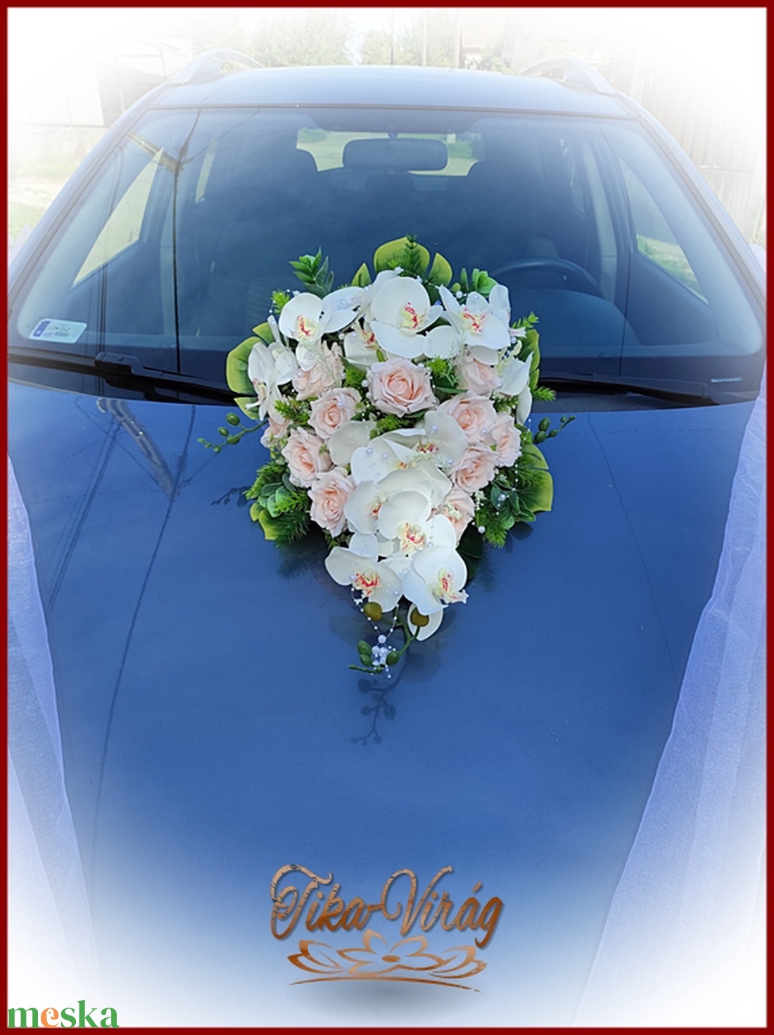 Puder rózsás-fehér orchideás örök autódísz - esküvő - dekoráció - helyszíni dekor - Meska.hu