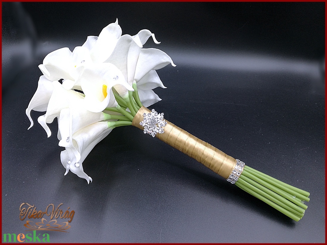 24 virágos Fehér Kála örök-csokor Arany díszítéssel+ kitűzővel - esküvő - menyasszonyi- és dobócsokor - Meska.hu