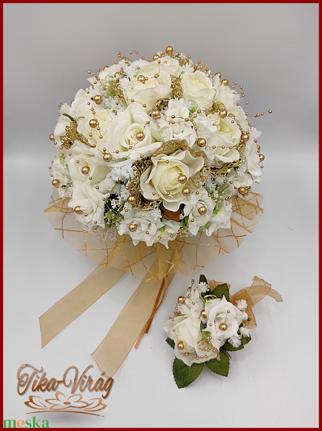 Fehér rózsák- arany díszítéssel örök-csokor kitűzővel - esküvő - menyasszonyi- és dobócsokor - Meska.hu
