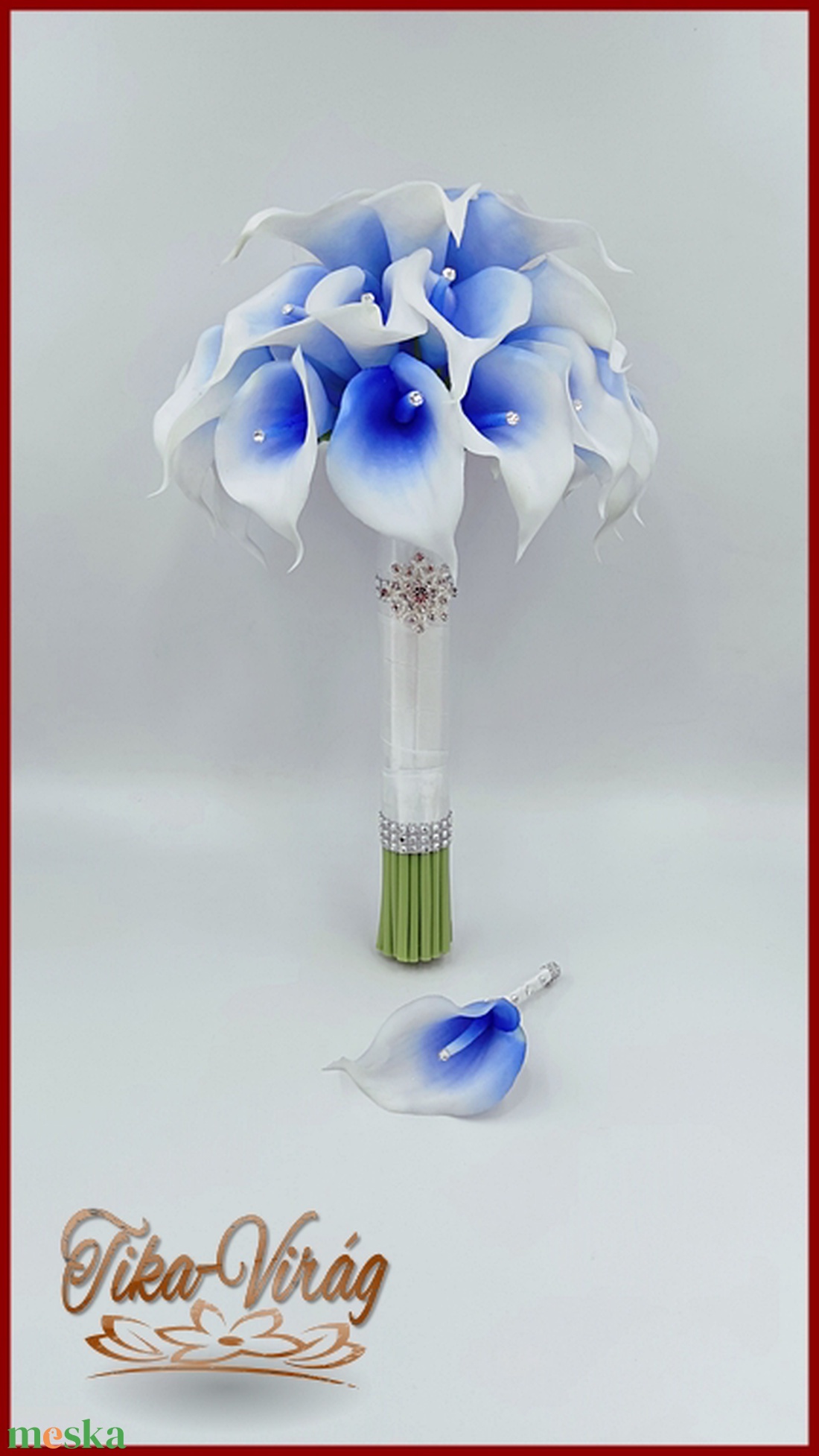 30 virágos White-Blue, Kék-fehér kálás örök-csokor + kitűzővel  - esküvő - menyasszonyi- és dobócsokor - Meska.hu
