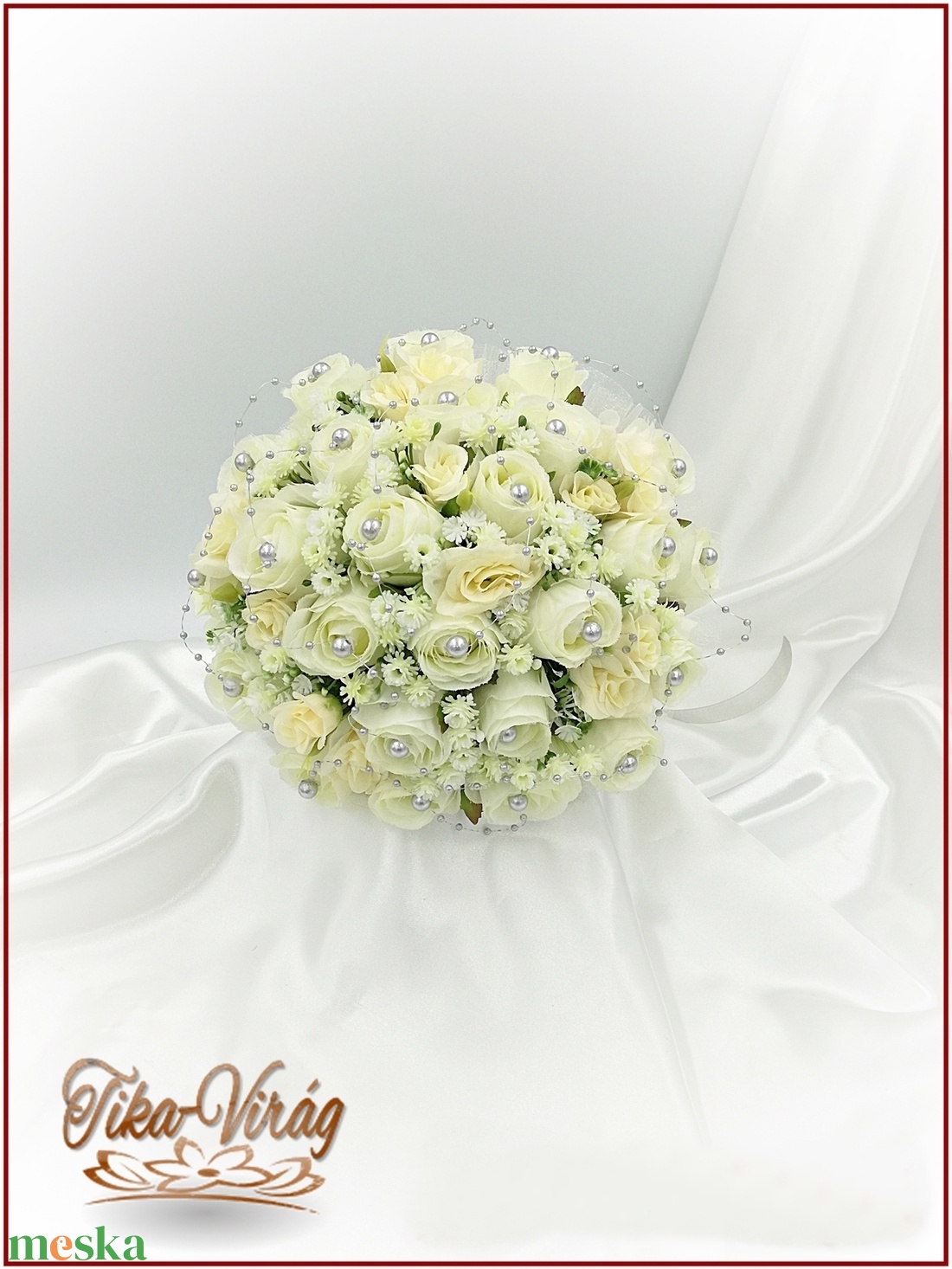 25 szálas ekrü rózsa örök-csokor ezüst díszítéssel + kitűzővel  - esküvő - menyasszonyi- és dobócsokor - Meska.hu