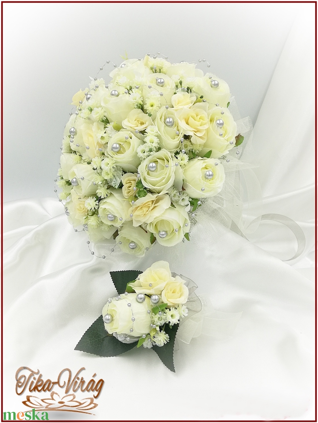 25 szálas ekrü rózsa örök-csokor ezüst díszítéssel + kitűzővel  - esküvő - menyasszonyi- és dobócsokor - Meska.hu
