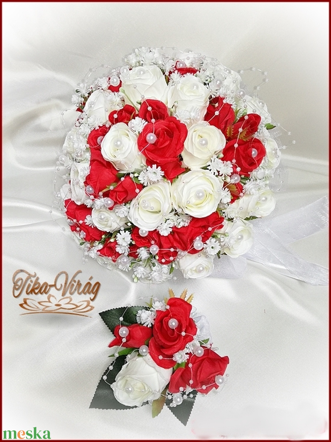 25 szálas fehér-piros rózsás örök-csokor + kitűzővel  - esküvő - menyasszonyi- és dobócsokor - Meska.hu