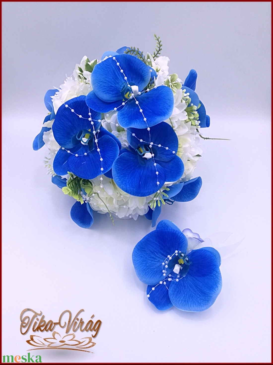 Kék orchideás-fehér rózsával, dália, iszalaggal díszített örök-csokor+kitűzővel - esküvő - menyasszonyi- és dobócsokor - Meska.hu